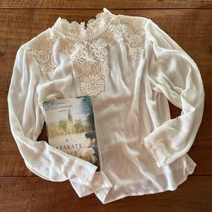 Xhilaration White Cottagecore Victorian Style Blouse with High Collar and Lace